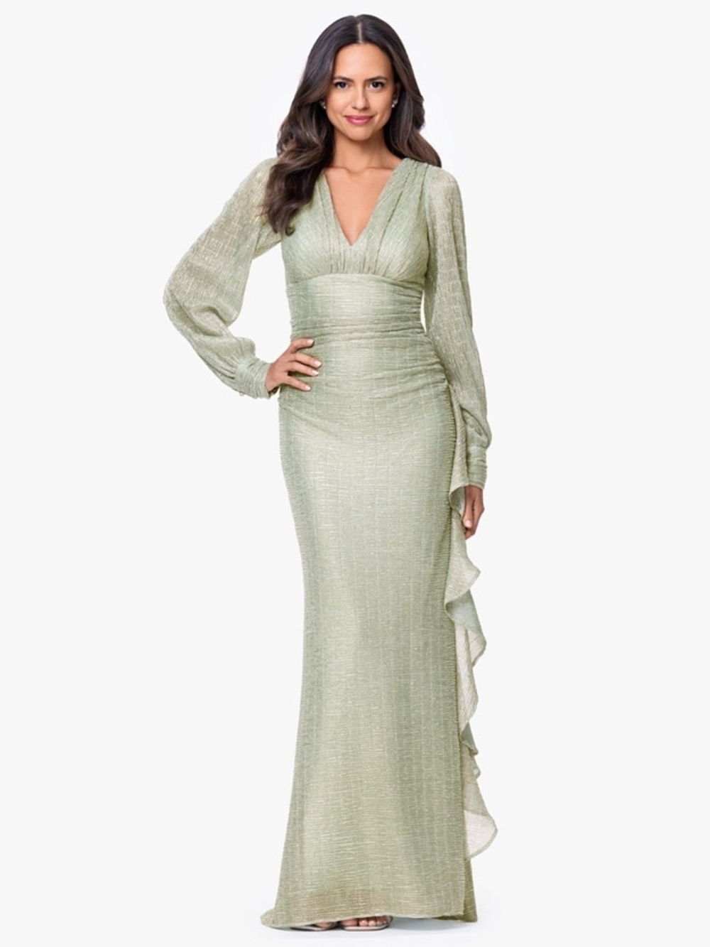Betsy & Adam Metallic Green V-Neck Long Sleeve Evening Gown Size 4 (Damage)